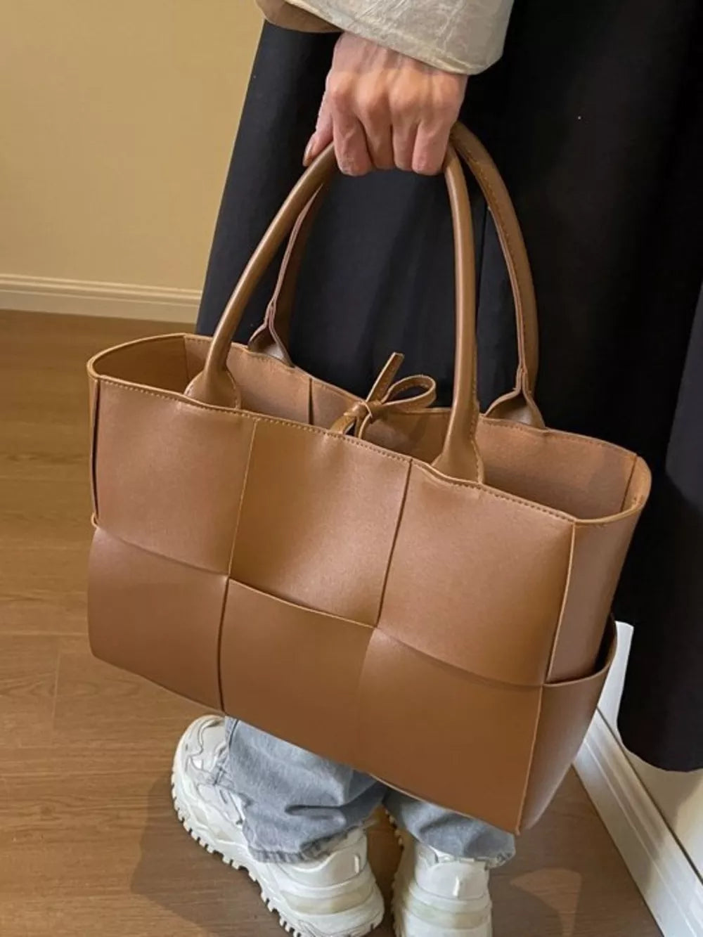Brown woven pu leather large tote bag with tie detail