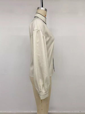 Contrast Trim Long Sleeve Shirt in Beige, view 12