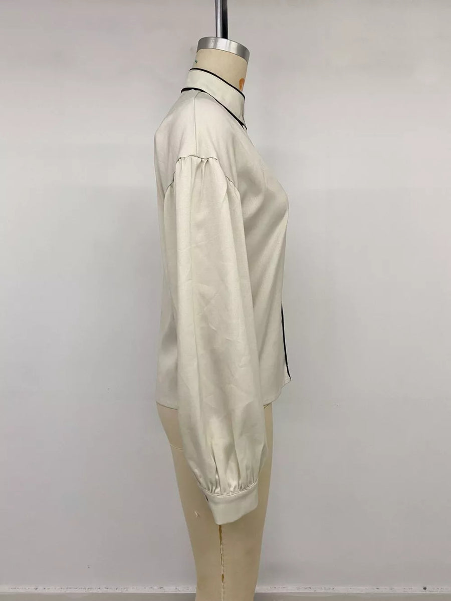 Contrast Trim Long Sleeve Shirt in Beige, view 12
