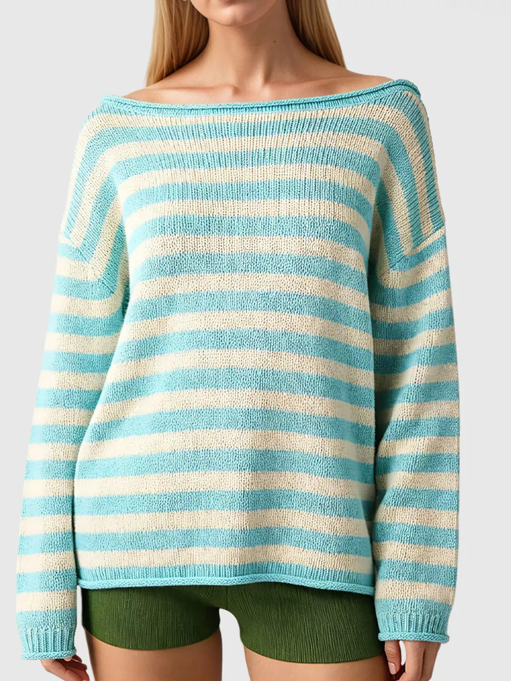 100% polyester Care instructions: Machine wash cold pullover sweater in Pastel Blue with relaxed silhouette