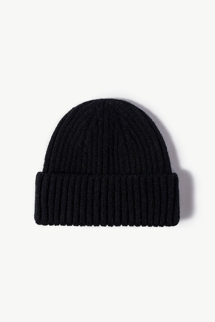 Black chunky ribbed knit beanie with folded brim