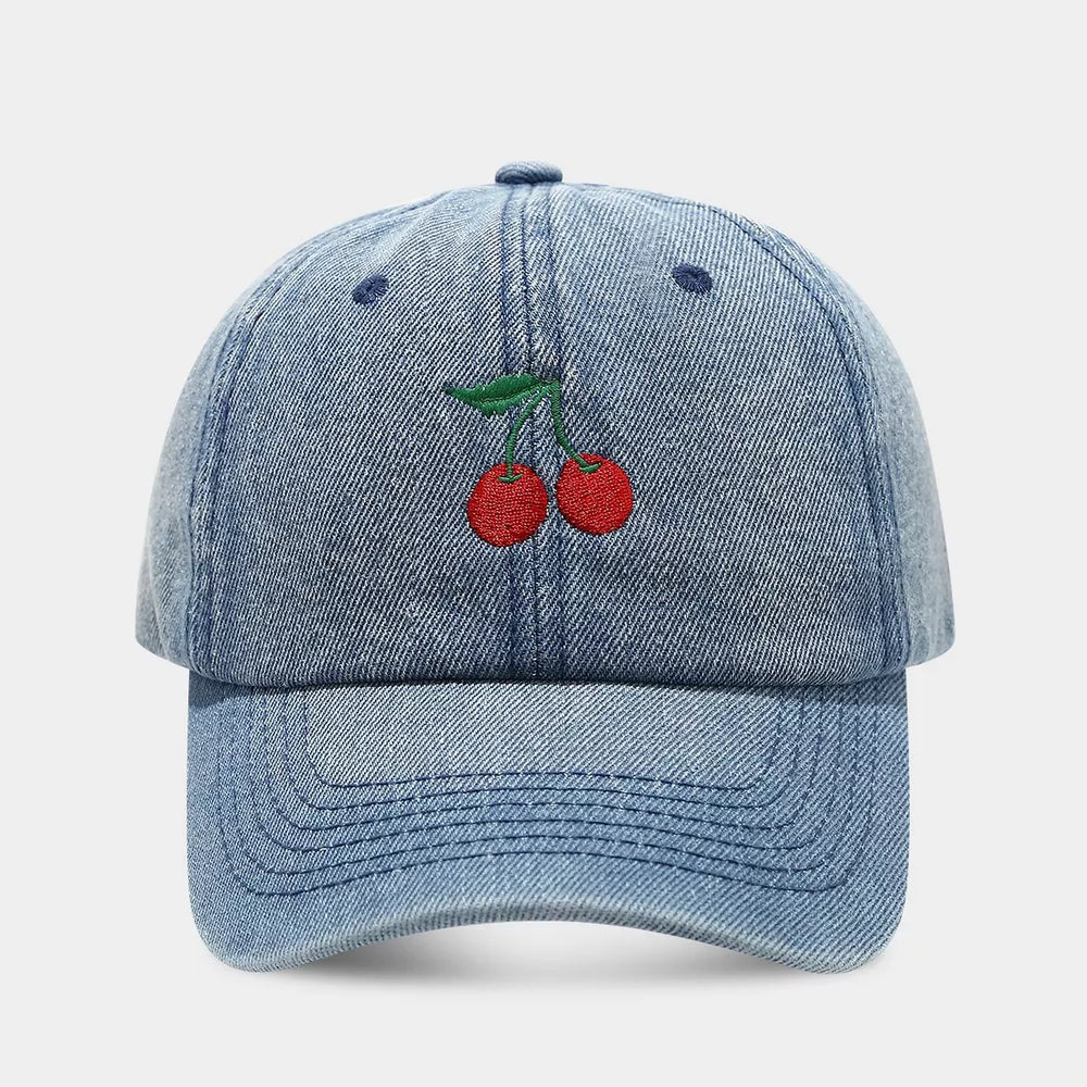 Cherry Embroidery Baseball Cap in Denim Medium Blue with embroidered detail