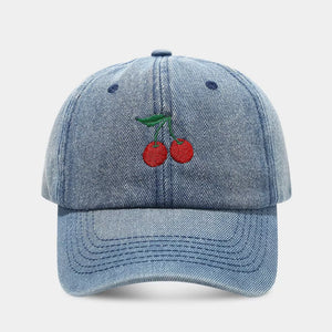 Cherry Embroidery Baseball Cap in Denim Medium Blue with embroidered detail