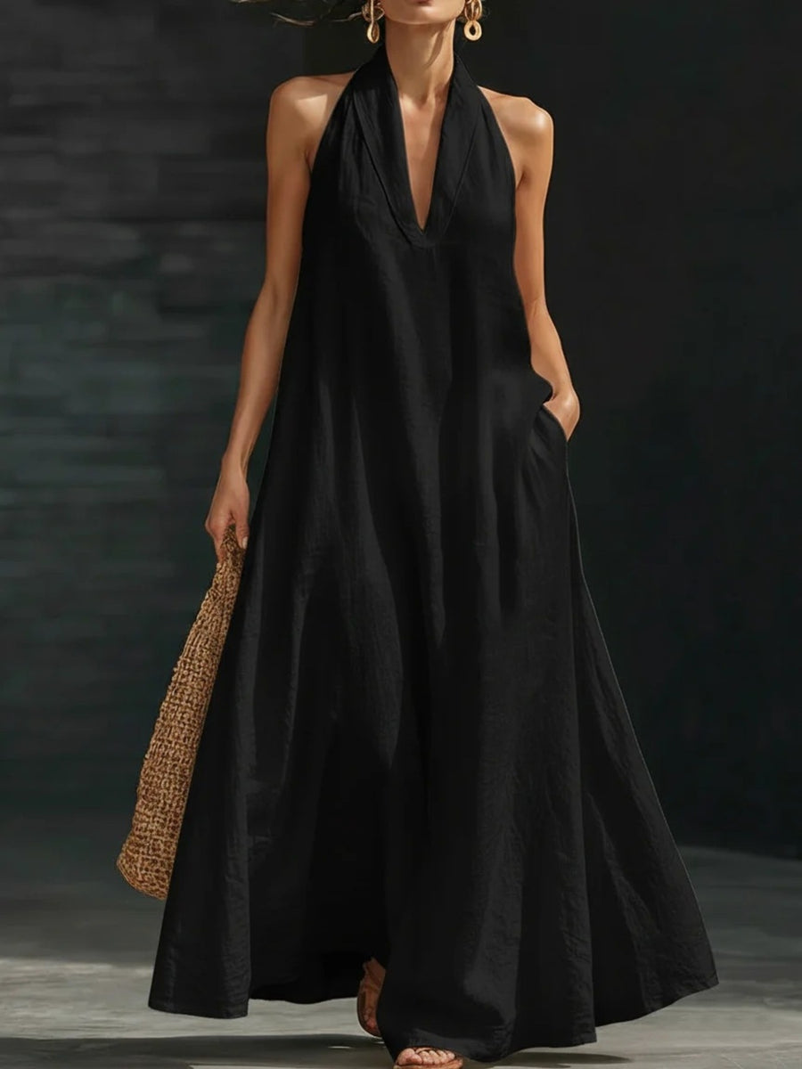 Black halter neck maxi dress with pockets, V-neck, cotton linen blend, casual flowy style
