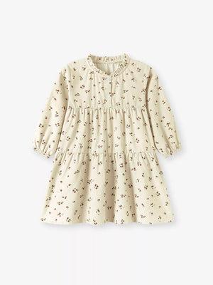 brown A-line dress featuring buttoned and ditsy floral