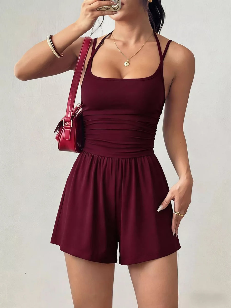 Olive Green with Ruched Spaghetti Strap Romper