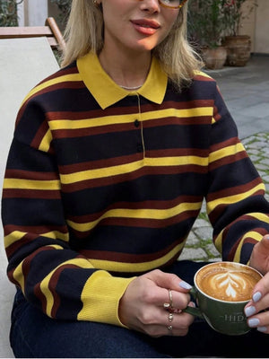 Dark Brown pullover sweater with hip-length and half-button