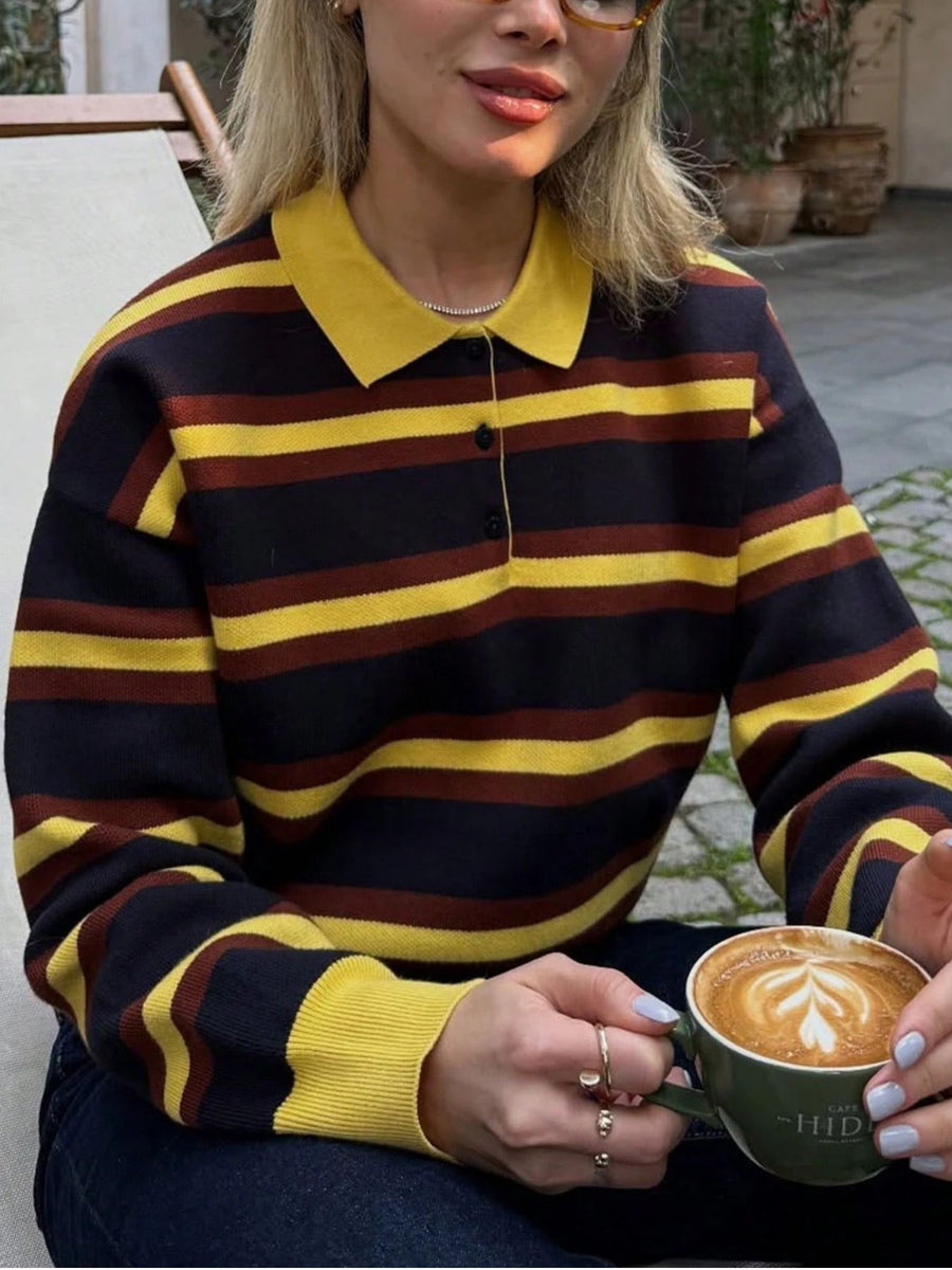 Dark Brown pullover sweater with hip-length and half-button
