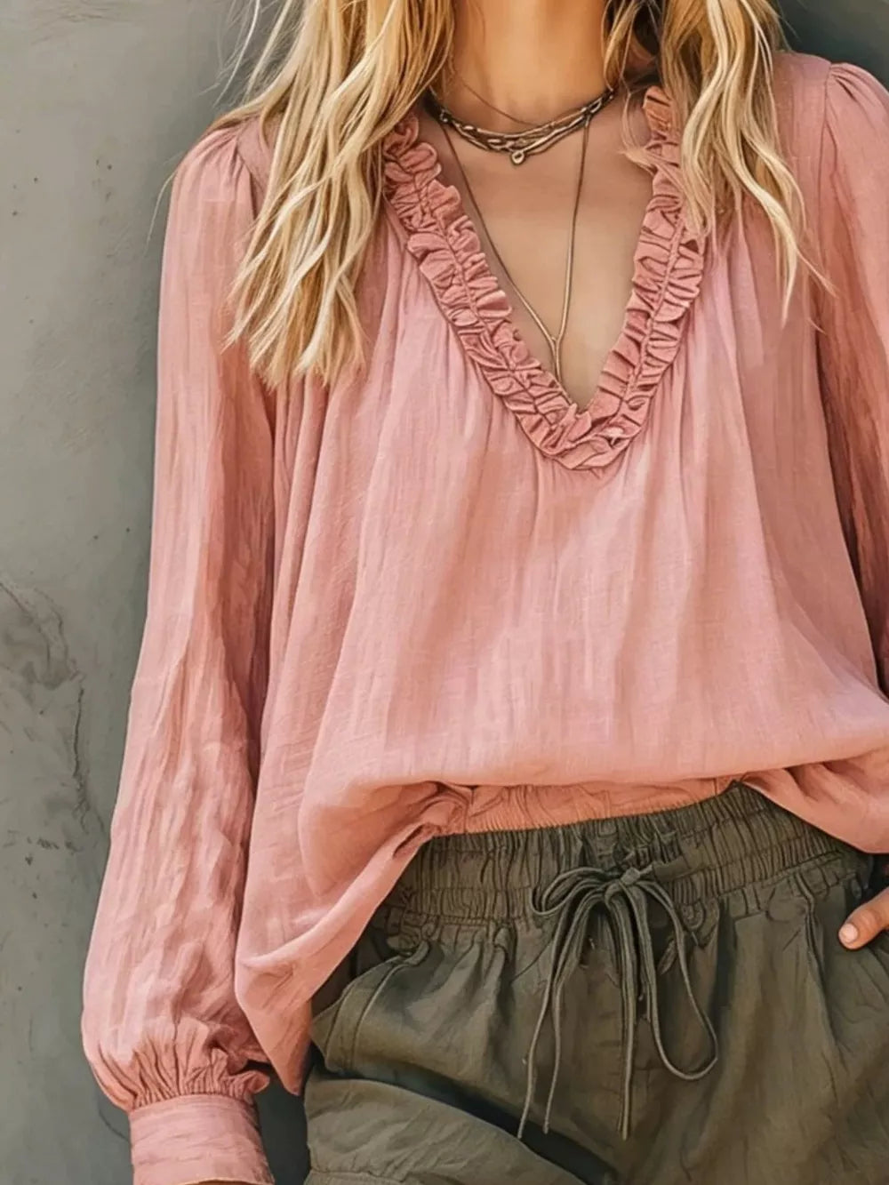 Black Bohemian Ruffled V-neck Long Sleeve Blouse