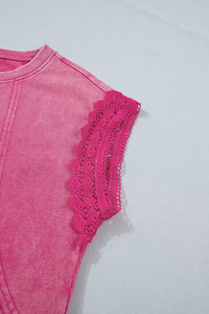 Pink mineral wash t-shirt with cap sleeves and intricate lace trim detail.