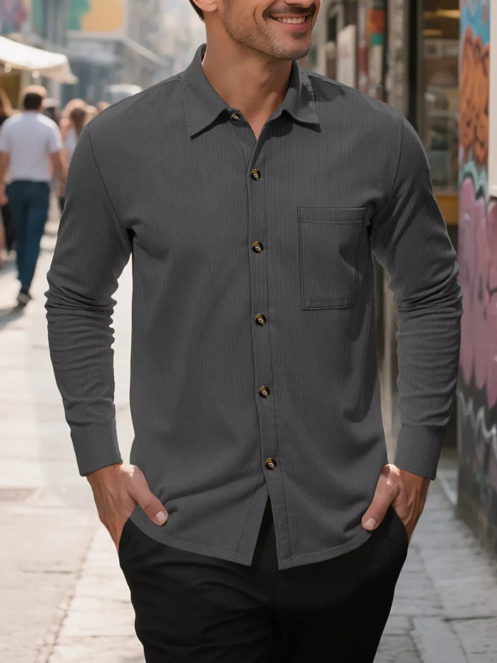 Men's Full Size Casual Button Up Long Sleeve Shirt in Grey