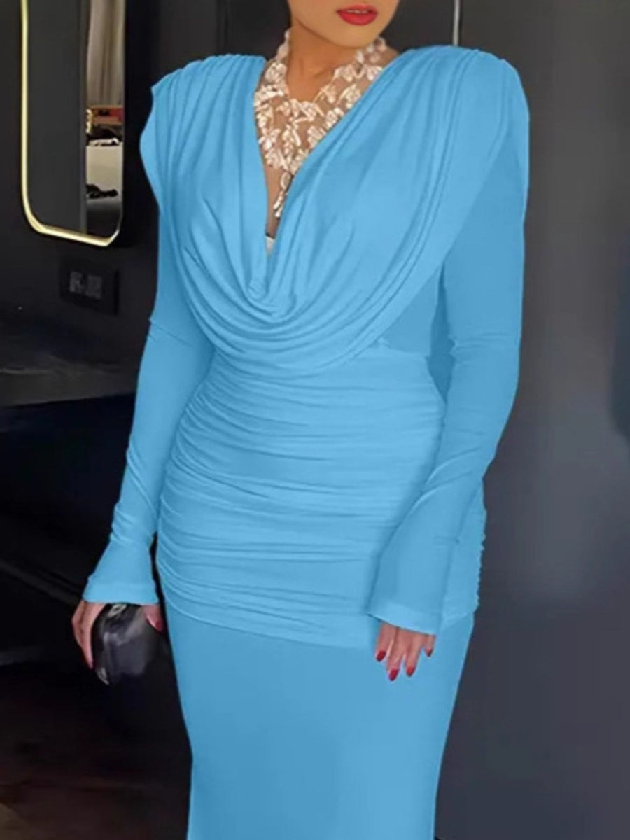 Blue ruched long-sleeve maxi dress with cowl neck and draped bodice.