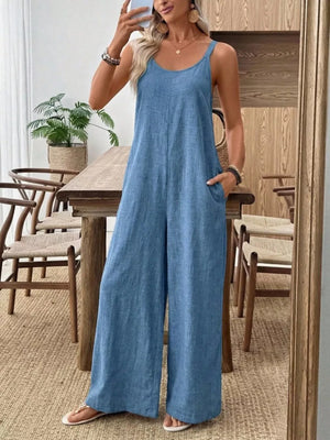 Dusty Blue with Spaghetti Strap Wide Leg Jumpsuit in Dusty Blue