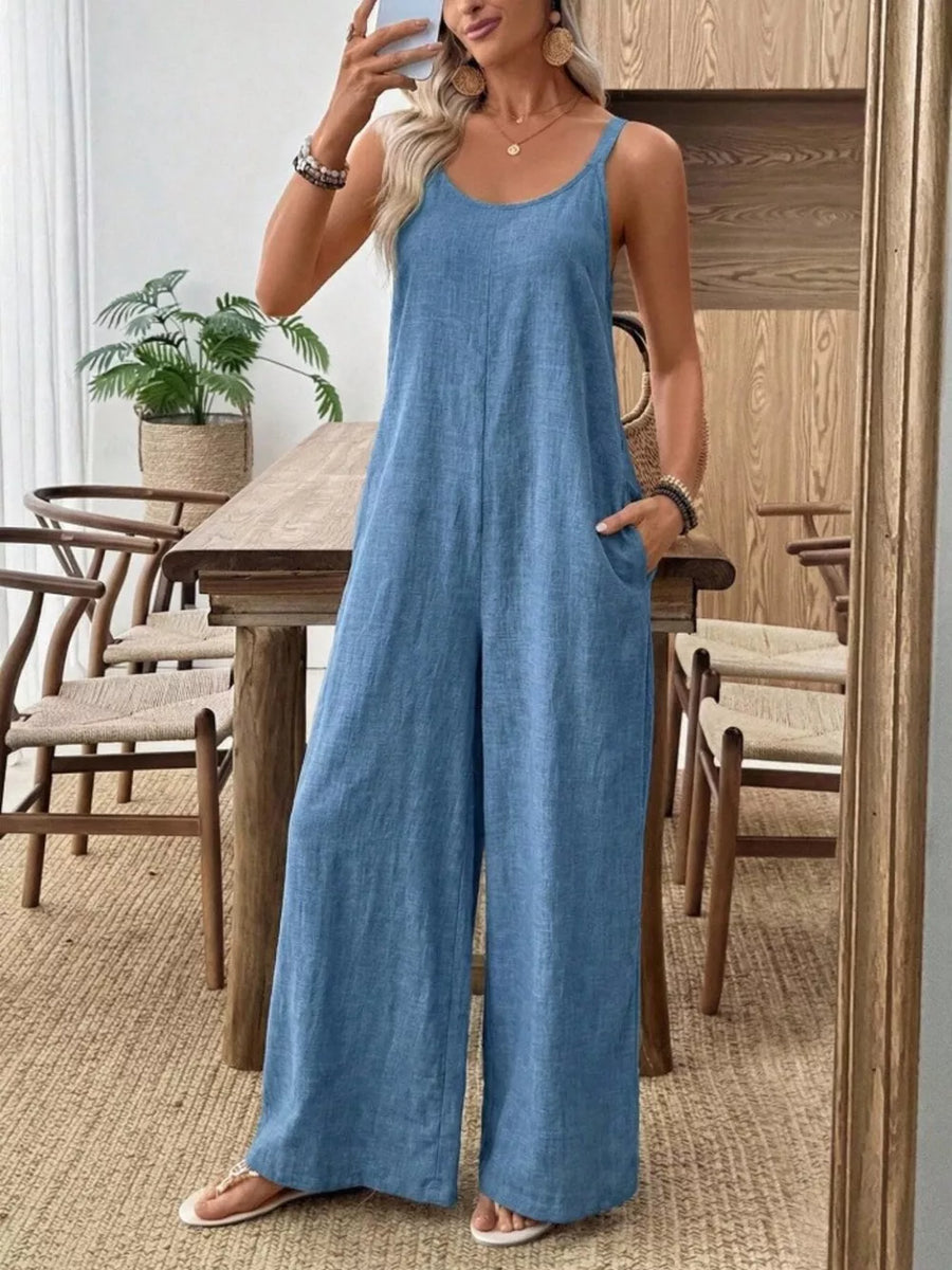 Dusty Blue with Spaghetti Strap Wide Leg Jumpsuit in Dusty Blue