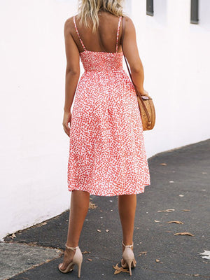 Red and white polka dot midi sundress with cami straps and smocked bodice.