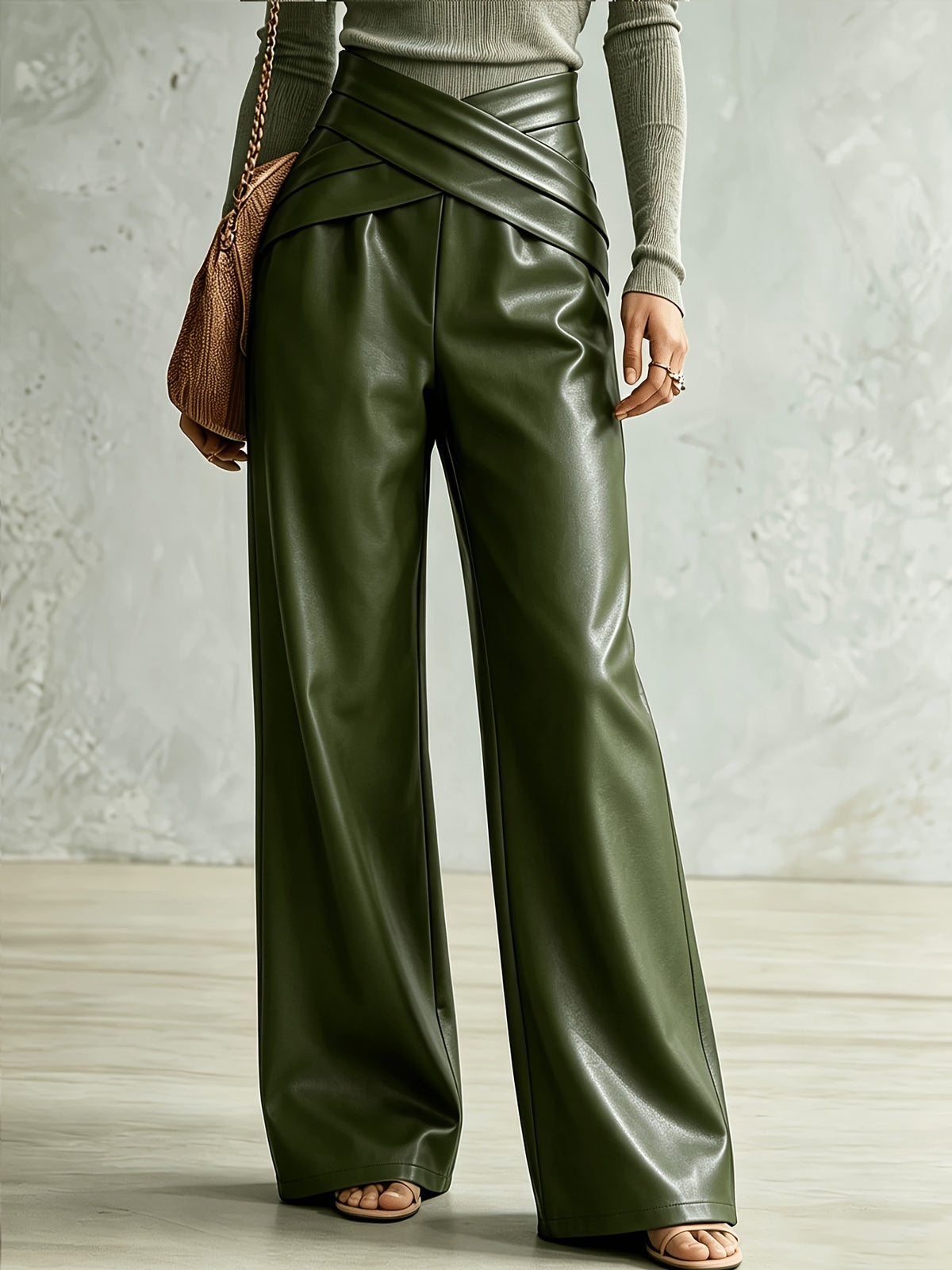 wide-leg pants in olive green featuring seam detail and flared fit