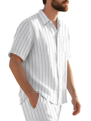 White striped cotton camp collar shirt with short sleeves and a chest pocket.