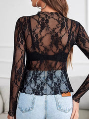 Sheer Floral Lace Long Sleeve Top in White