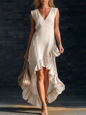 Wine Red Full Size V-neck Ruffle Hem High-low Dress