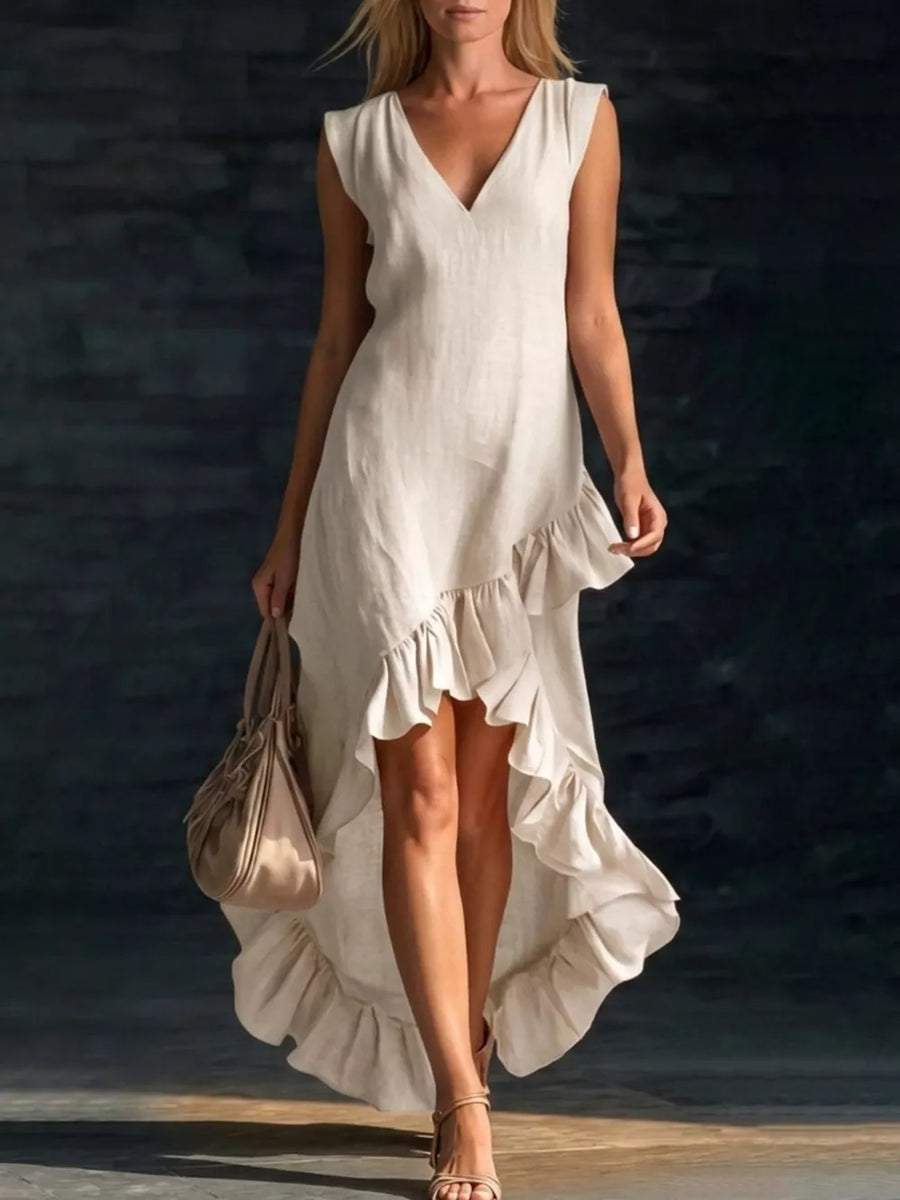 Wine Red Full Size V-neck Ruffle Hem High-low Dress