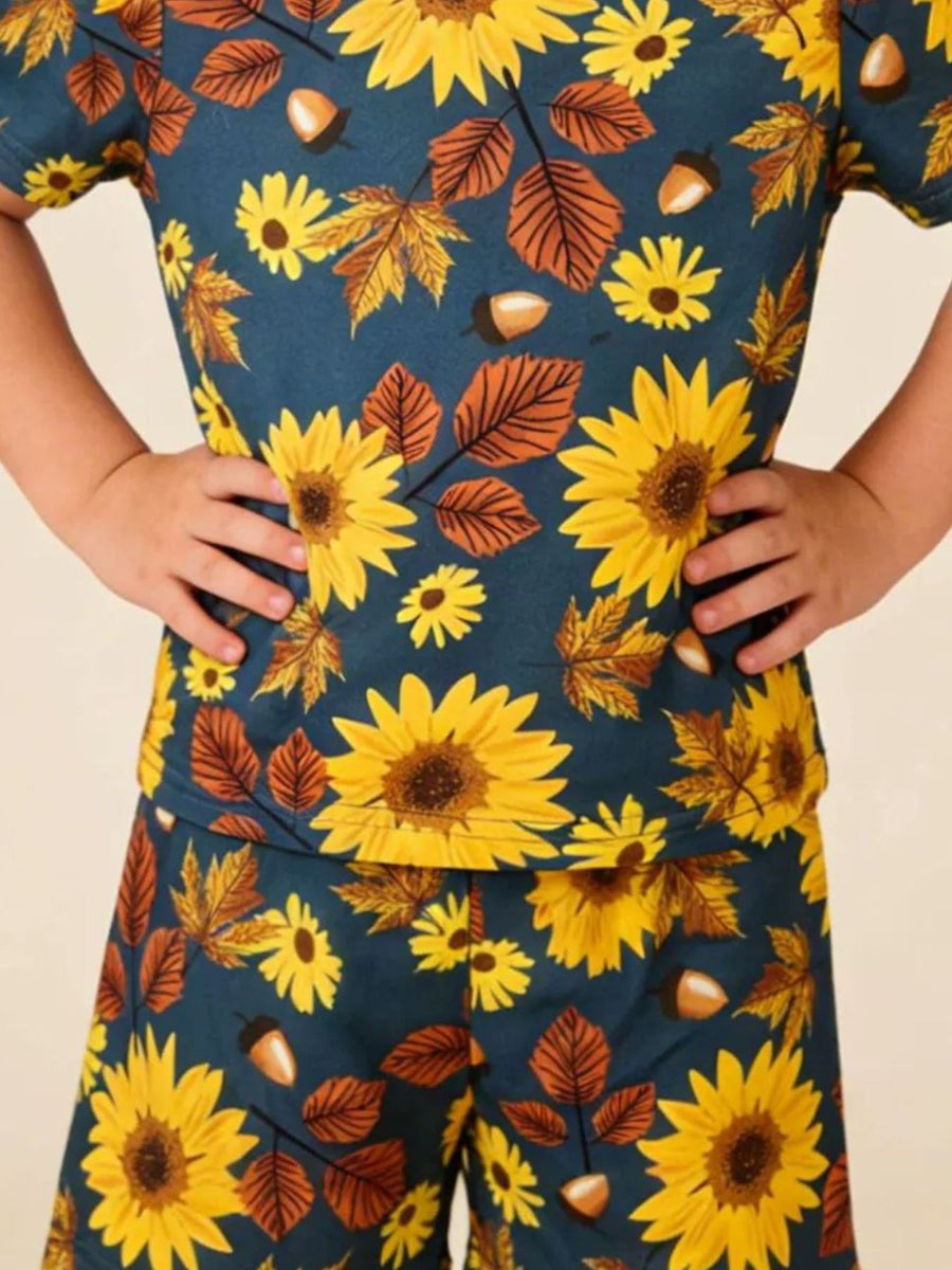 Toddler tee and shorts set with sunflower and fall leaf print