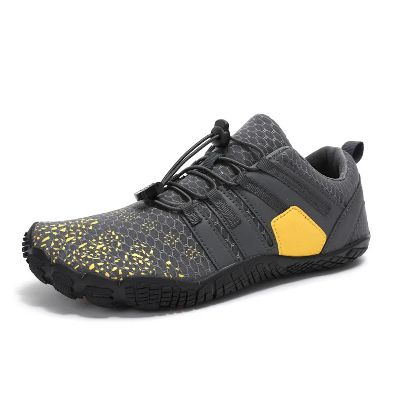 Dark Gray perforated mesh water-ready lace-up athletic shoes with yellow accents and quick-lace closure.