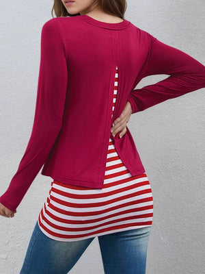 Layered Crew Neck Long Sleeve Striped T-shirt in Black