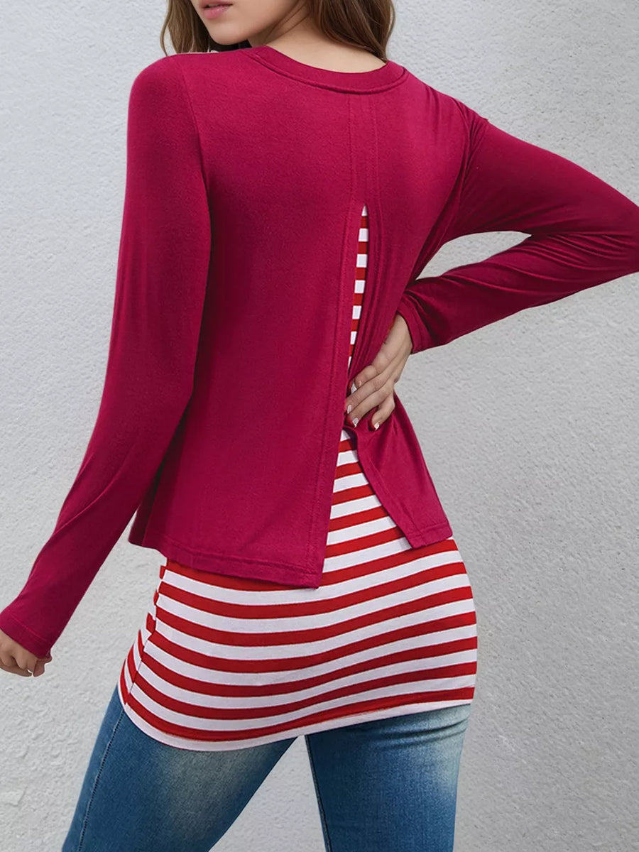 Layered Crew Neck Long Sleeve Striped T-shirt in Black