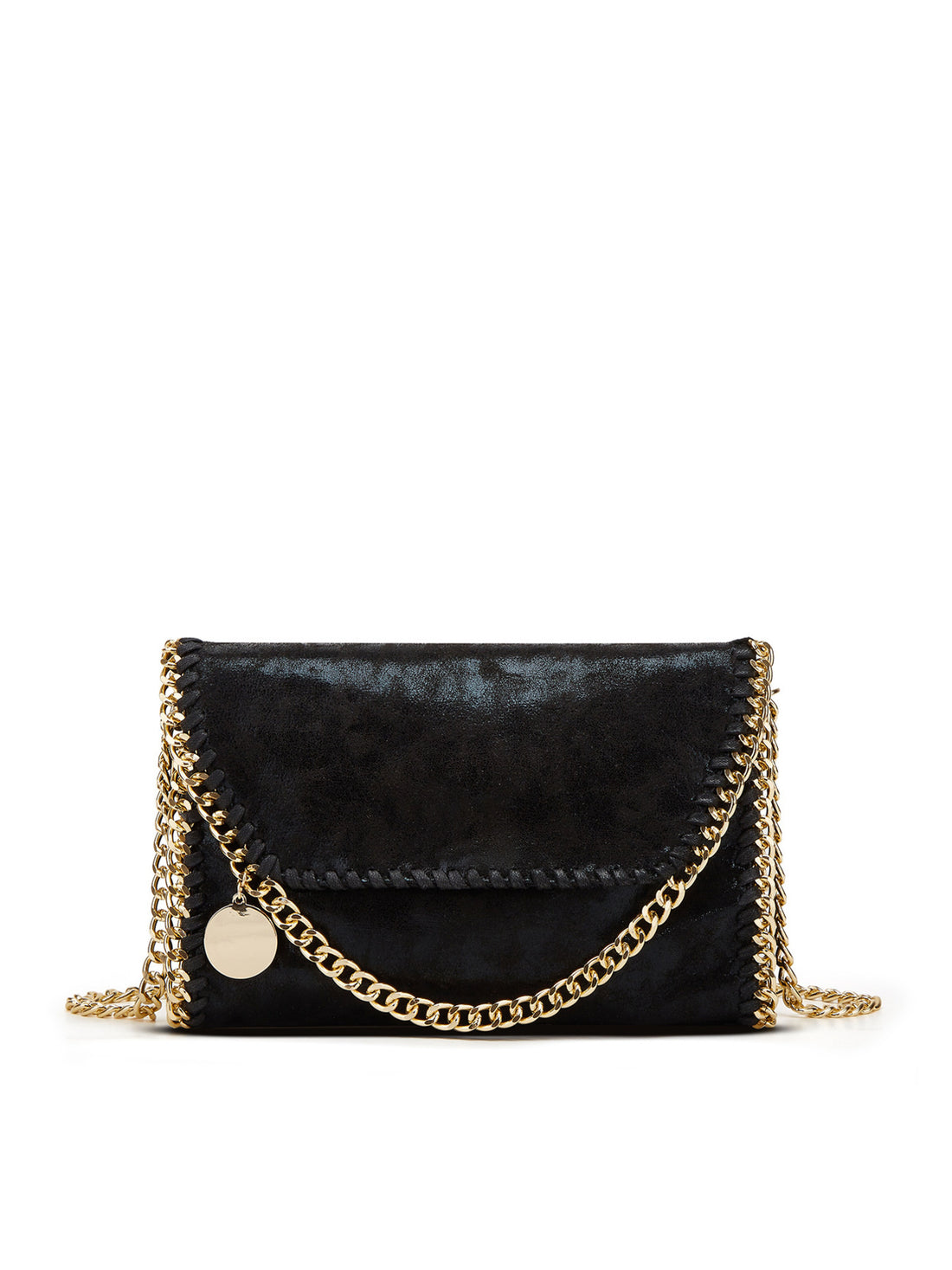 PU Leather Crossbody Bag With Chain Trim in black with gold-tone chain strap