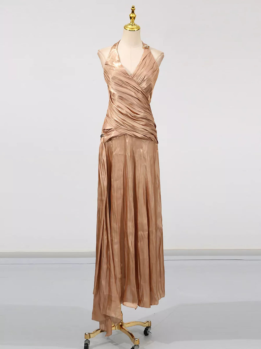 Champagne with Halter Neck Ruched Maxi Dress