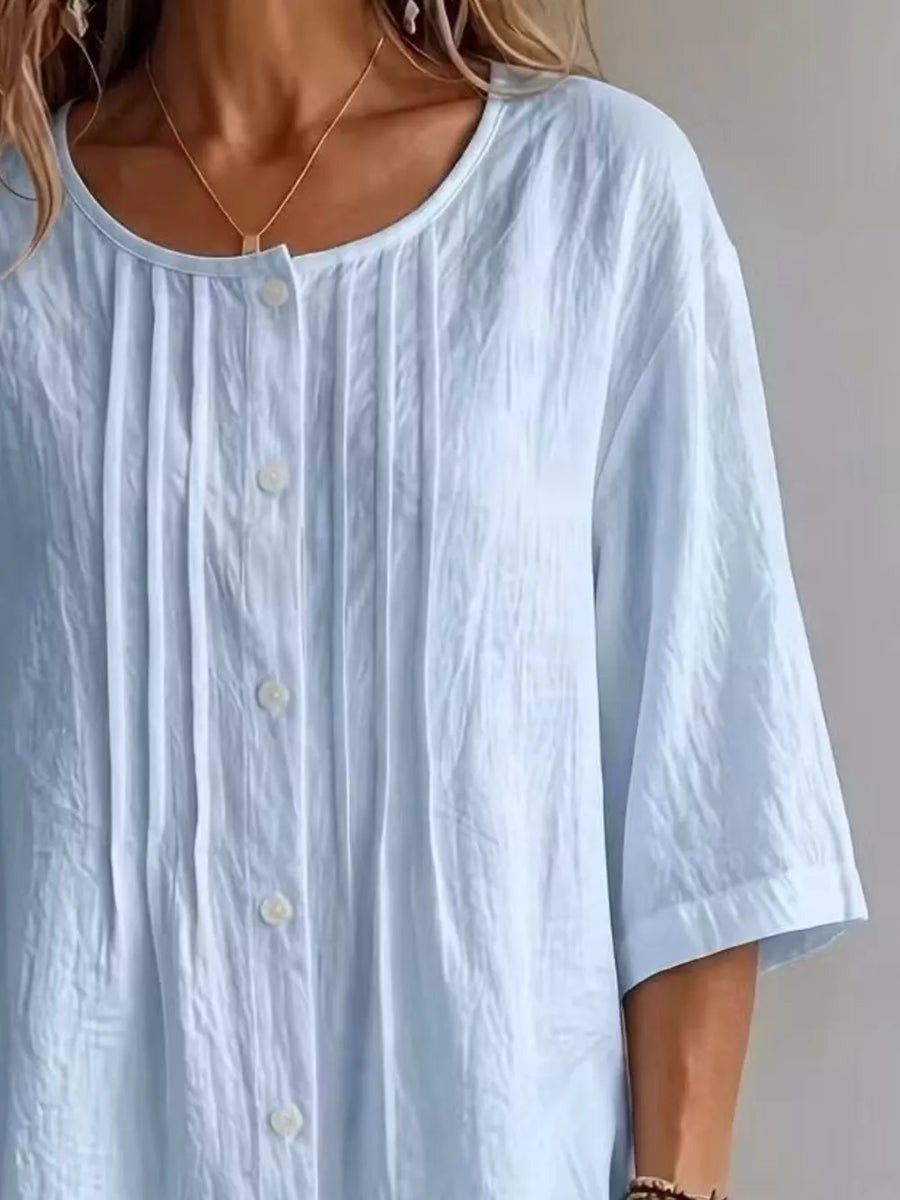 Pink Full Size Texture Round Neck 3/4 Sleeve Blouse