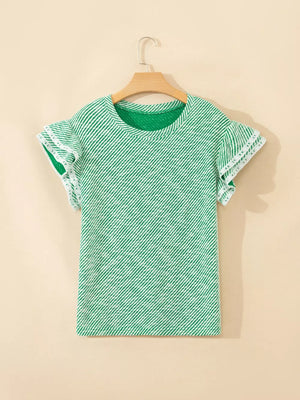 Women's green and white striped cotton blouse with ruffled sleeves.