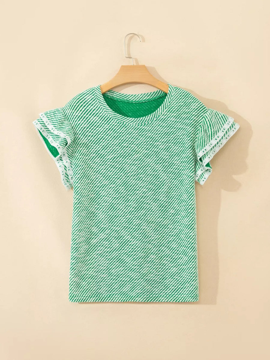 Women's green and white striped cotton blouse with ruffled sleeves.