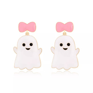 Playful ghost charm dangle earrings with pink bows, 18k gold accents.