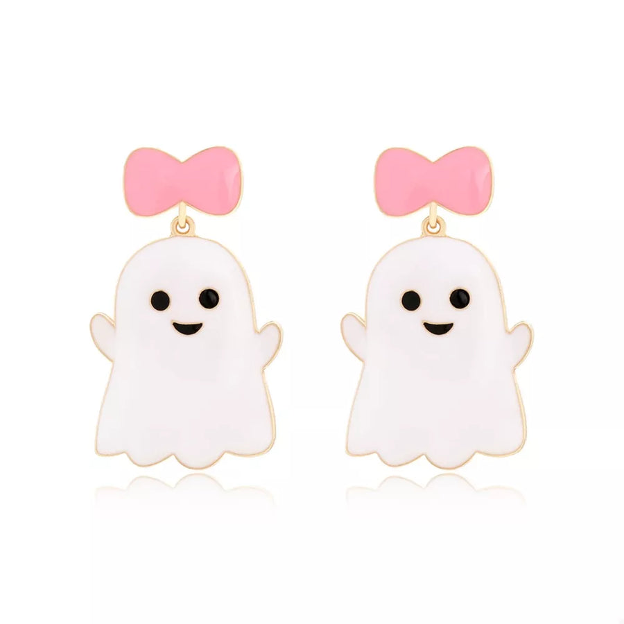 Playful ghost charm dangle earrings with pink bows, 18k gold accents.