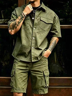 button-up shirt in olive green featuring collared and relaxed fit