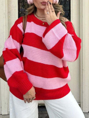 pullover sweater in Red with striped and dropped shoulder
