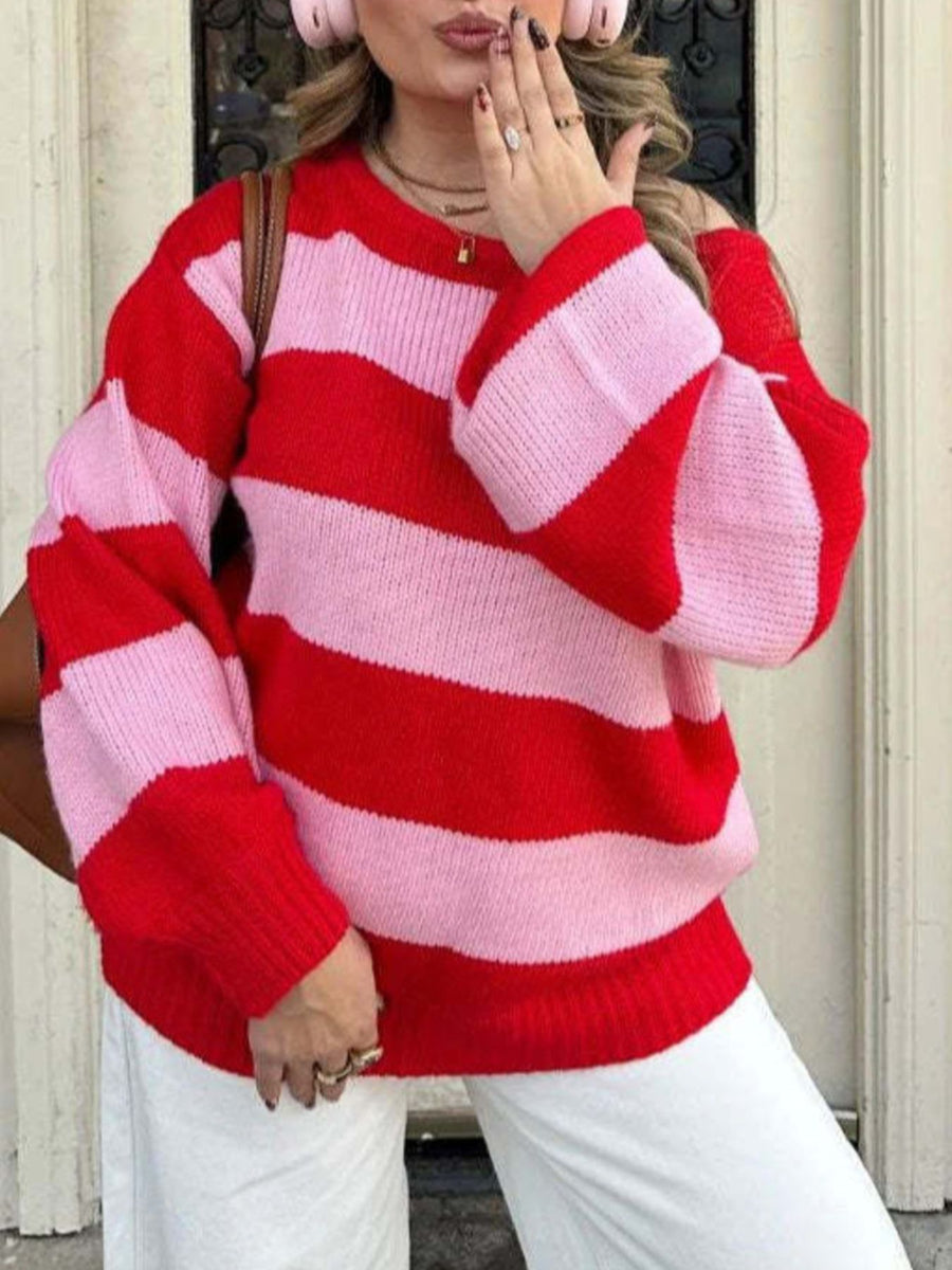 pullover sweater in Red with striped and dropped shoulder