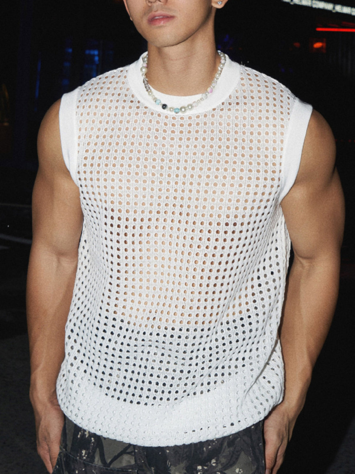 white tank top with mesh and crew neck