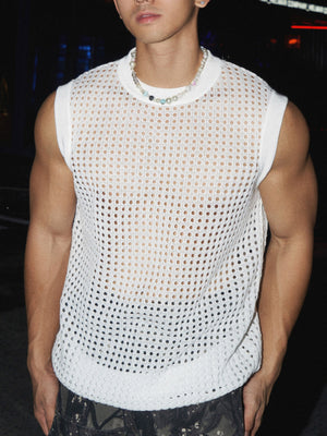 white tank top with mesh and crew neck