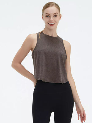 Women's brown heathered cropped tank top with a crew neck and sleeveless design.