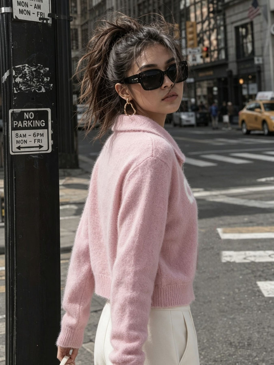 cardigan in ivory with zipper and cropped