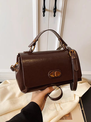 Compact brown pu leather flap shoulder bag with gold hardware detail