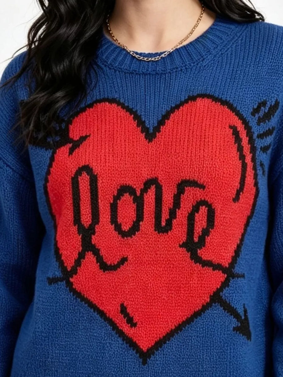 Blue Heart Round Neck Ribbed Sweater