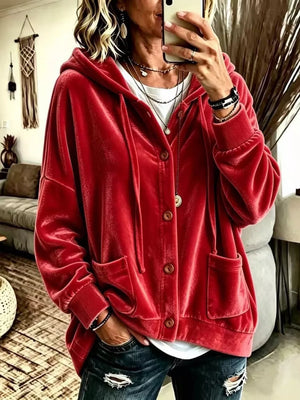 Red hoodie with hip-length and button-front