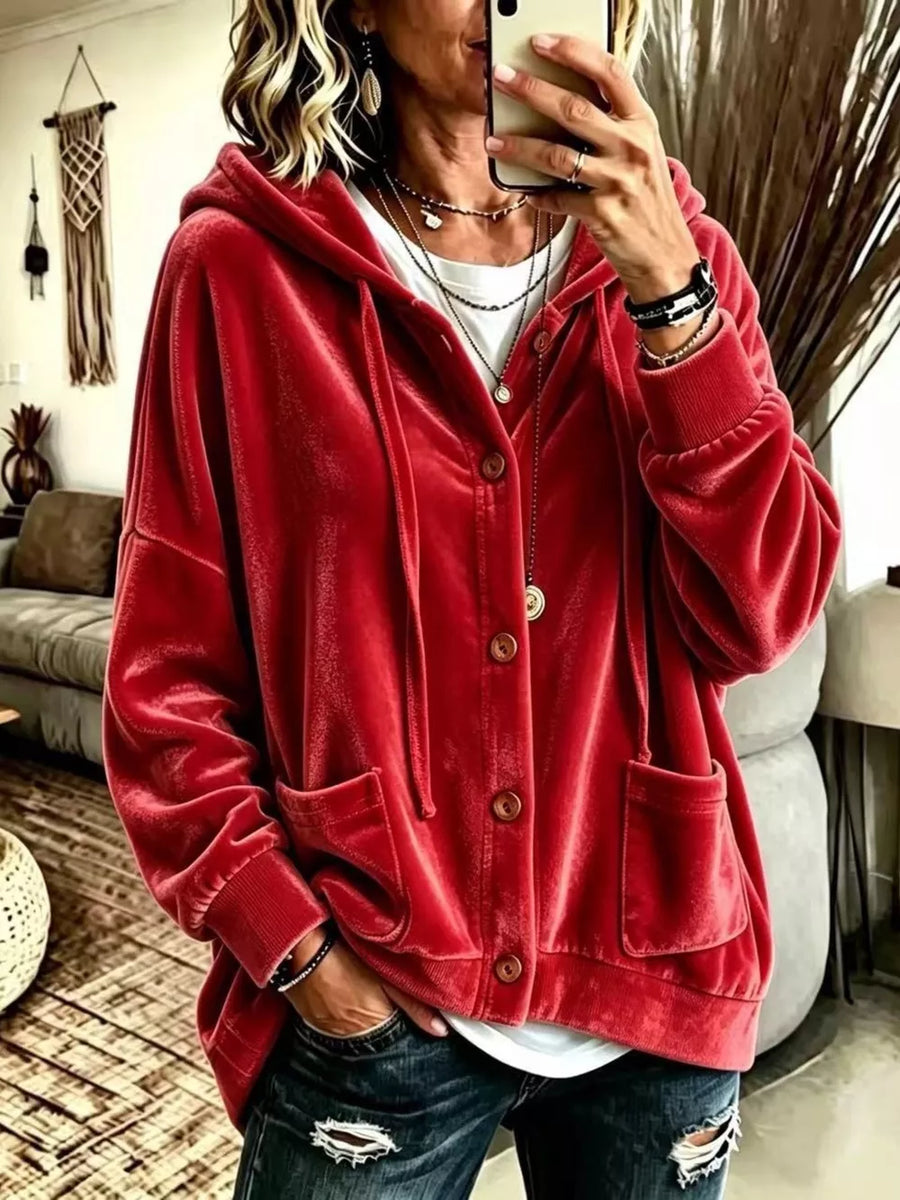 Red hoodie with hip-length and button-front