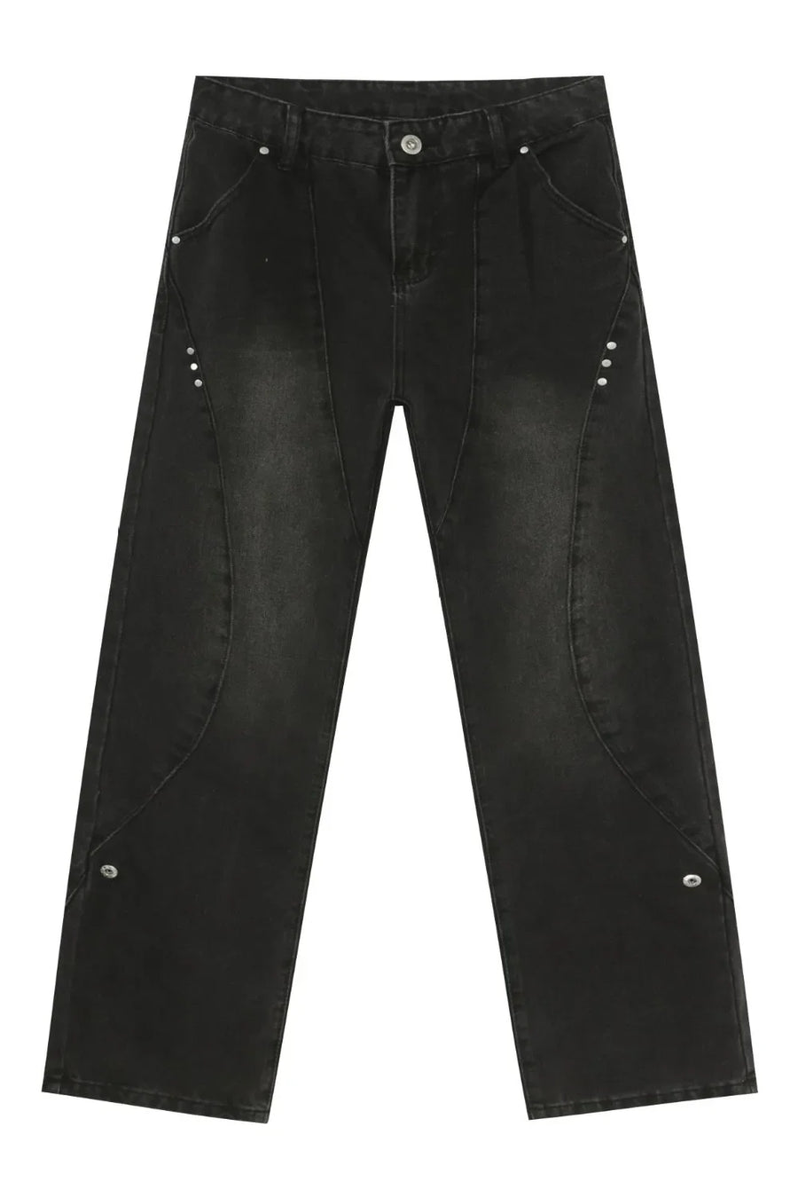 Dark wash denim jeans with asymmetric seams and silver stud details.