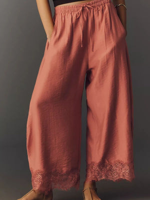 wide-leg pants in Brown with drawstring and ankle-length