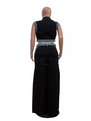 Black zip-front crop top and wide-leg pants set with denim accents.