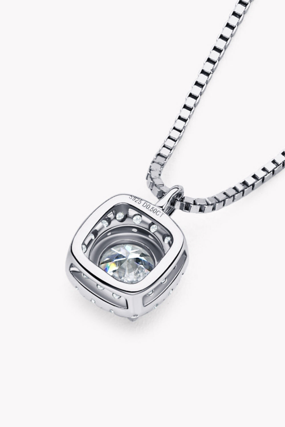 Silver halo diamond pendant necklace with a square setting and a box chain.